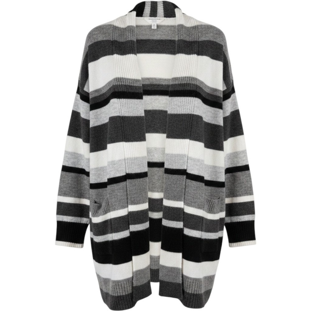 Time and Tru Cardigan Womens M 8-10 Long Open Front Striped Black Gray Whit